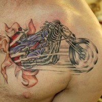 Motorcycle transforms horse tattoo on chest