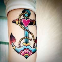 Multicolor traditional anchor tattoo on the hand