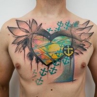 Multicolored chest tattoo of human heart with anchor