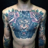 Multicolored chest tattoo of lion with cross and roses