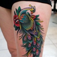 Multicolored peacock and red rose flower thigh tattoo in old school style