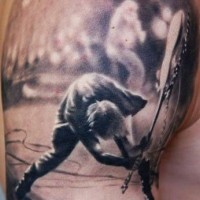 Music themed realistic photo like black and white musician on scene shoulder tattoo