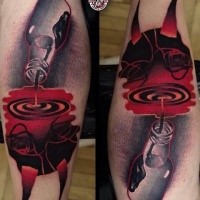 Mysterious 3D style colored bottle with devil like silhouette tattoo on leg