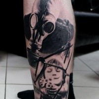 Mysterious black and gray leg tattoo of man with gas mask stylized with boy behind the fence