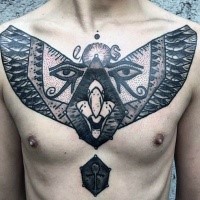 Mysterious black ink chest tattoo of big mask with eyes
