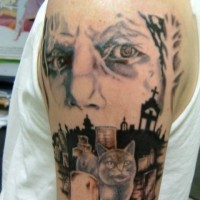 Mysterious colored cat in cemetery tattoo on shoulder stylized with man portrait