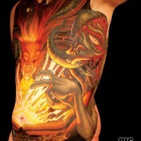 Mysterious colored witch with spell book tattoo on whole chest combined with demonic monsters