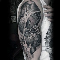 Mysterious designed black and white big tattoo on shoulder