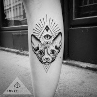 Mysterious dot style leg tattoo of sphinx cat with pyramid and eye