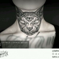 Mysterious dot style throat tattoo of sphinx cat with three eyes