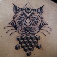 Mysterious half dot half geometrical style back tattoo of demonic cat with geometrical figures