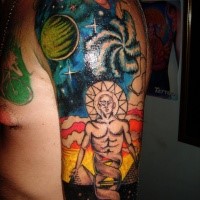 Mysteriöses im illustrativen Stil farbiges Schulter Tattoo von Raum mit interessantem Mensch wie Tier