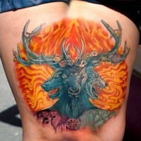 Mysterious illustrative style thigh tattoo of demonic deer with flames