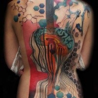 Mysterious looking colored whole back tattoo of human figure with various ornaments