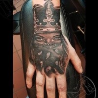 Mysterious new school style colored hand tattoo of thug queen