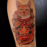 Mysterious old school style arm tattoo of maneki neko japanese lucky cat with doll and flowers