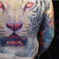 Mysterious painted and colored big white tiger with red bloody eyes tattoo on whole back