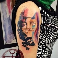 Mysterious watercolor style shoulder tattoo of ghost cat