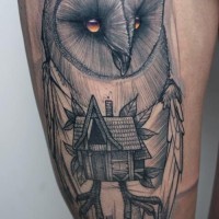 Mystical 3D realistic abstract owl with wooden house tattoo on thigh