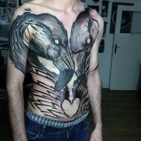 Mystical abstract style colored whole chest tattoo of flamingo couple combined with small heart