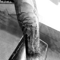 Mystical black and white big cemetery tattoo on arm