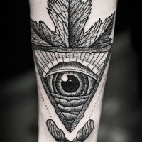 Mystical black and white Masonic pyramid tattoo on arm