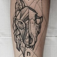 Mystical black ink arm tattoo of evil wolf with symbols
