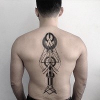 Mystical black ink back tattoo of alien like ornaments