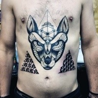 Mystical black ink chest and belly tattoo of fantasy wolf with ornaments