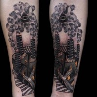 Mystical black ink forearm tattoo of steamy houses