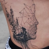 Mystical black ink geometrical tattoo with old medieval castle on side