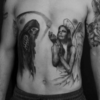 Mystical black ink praying angel tattoo on belly combined with death skeleton