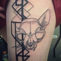 Mystical black ink tattoo of cats skull with geometrical ornaments