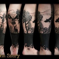 Mystical black ink wild life forest with owl and crow tattoo on leg