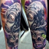 Mystical colored illustrative style forearm tattoo of man in gas mask and human skull