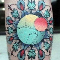 Mystical colreod and painted geometrical flowers tattoo on leg