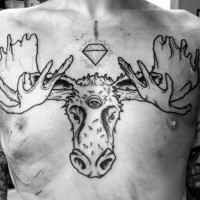 Mystical cult style black ink chest tattoo of elk with three eyes and diamond