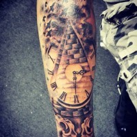 Mystical designed black and white forearm tattoo of pyramid with old clock