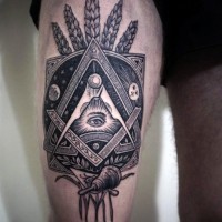 Mystical designed Masonic ornament black ink tattoo on thigh