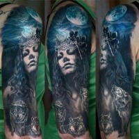 Mystical detailed and colored woman with crown tattoo on shoulder stylized with night sky and wolves