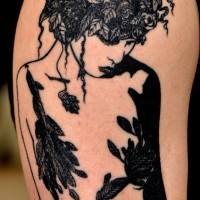 Mystical detailed black and white naked woman tattoo on shoulder