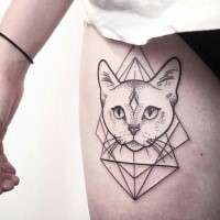 Mystical dot style thigh tattoo of cat head with geometrical ornaments