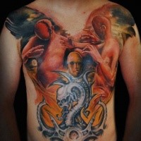 Mystical illustrative style chest and belly tattoo of humans with masked faces and creepy bone figure
