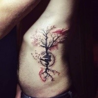 Mystical looking colored side tattoo of little tree with various symbols