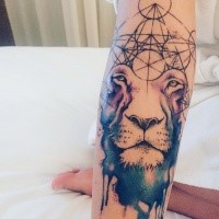 Mystical looking colored tattoo of lion head with geometrical figures