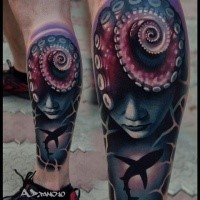 Mystical multicolored leg tattoo of woman with shark