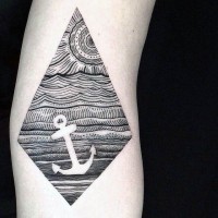 Mystical nautical themed white anchor in sea tattoo on arm
