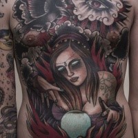 Mystical old school style demonic witch with crows tattoo on whole chest