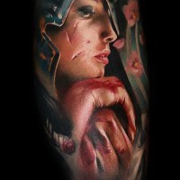Mystical sharp designed colored creepy bloody Queen tattoo on leg