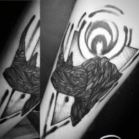 Mystical style black ink rhino tattoo on forearm with triangle